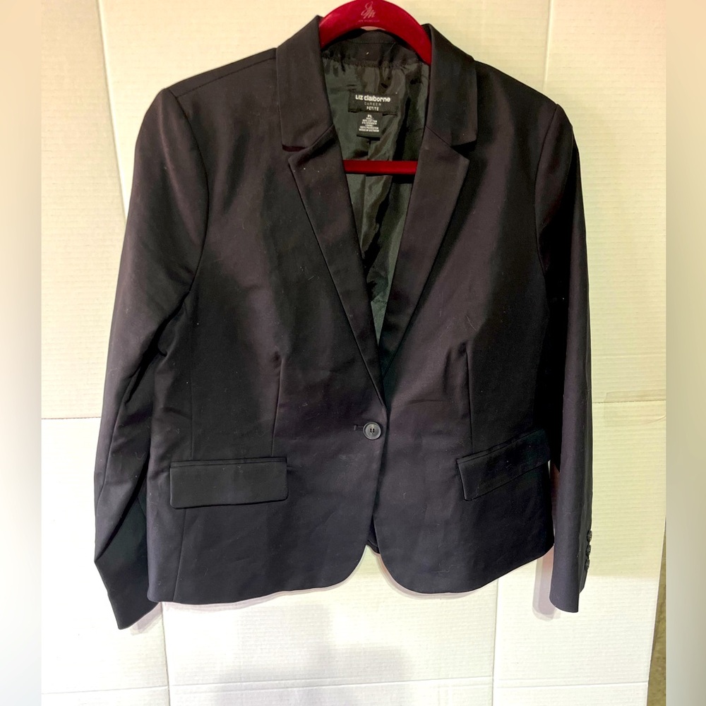 LIZ‎ CLAIBORNE CAREER BLAZER JACKET WOMEN PETITE L BLACK OFFICEWARE SLEEK CROP